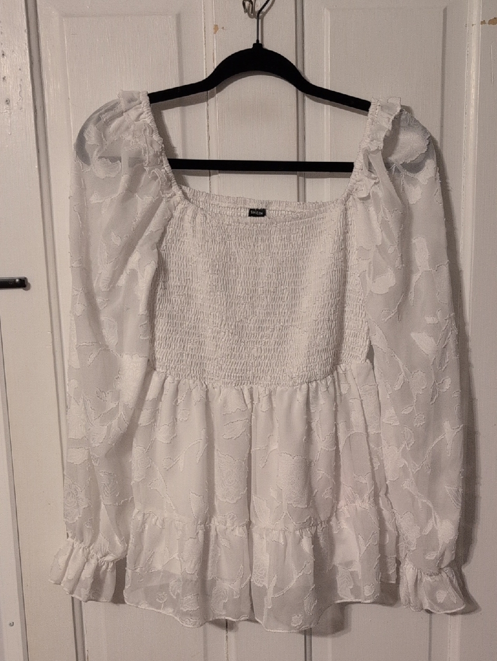 SHEIN White Smocked Peasant Long Sleeve Blouse